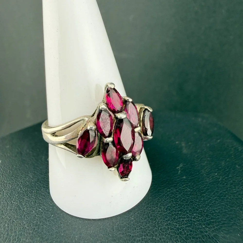 Vintage Avon Sterling Silver Ring Red Rhinestone Cluster Statement 925 Size 11